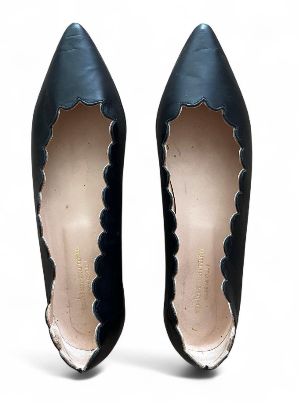 Designer Andrea Carrano Genuine Leather Black Scalloped Pointed-Toe Ballet Flats